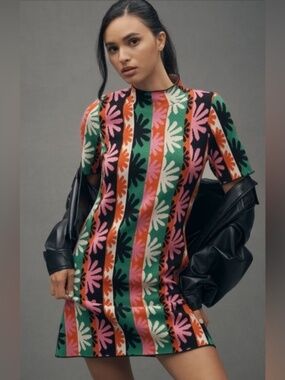 Anthropologie The Nina Short-Sleeve Mock-Neck Mod Mini Dress S